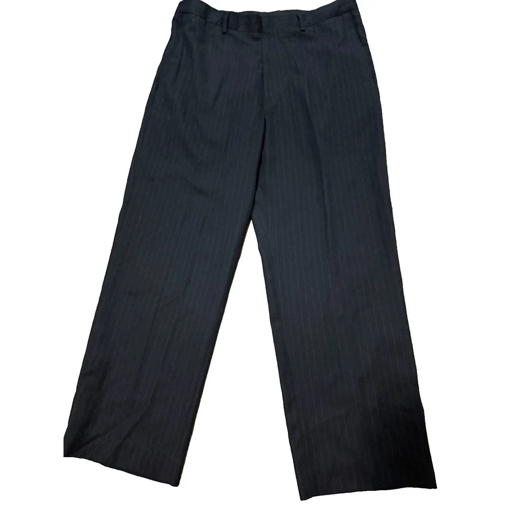 Merona 44R 2PC Suit Blazer Men Pants 36x30 Poly Blend Deep Navy Blue Gray Stripe